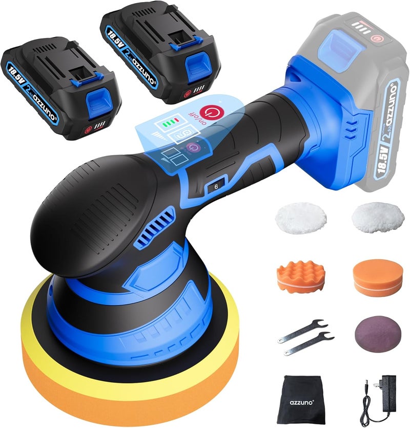 AZZUNO Cordless Car Buffer Polisher, 2x2Ah 21V Batteries 6'' Car buffer Waxer Kit, 6 Variable Speed 5500RPM Orbital Polisher, 5 Kinds Pads Polisher for Car Detailing, Boat Sanding, Scratch Removing - Image 1